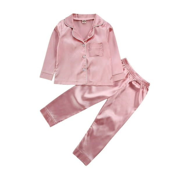US Baby Boy Girl Silk Satin Pyjamas PJS Set Kids Long Sleeve Sleepwear Nightwear